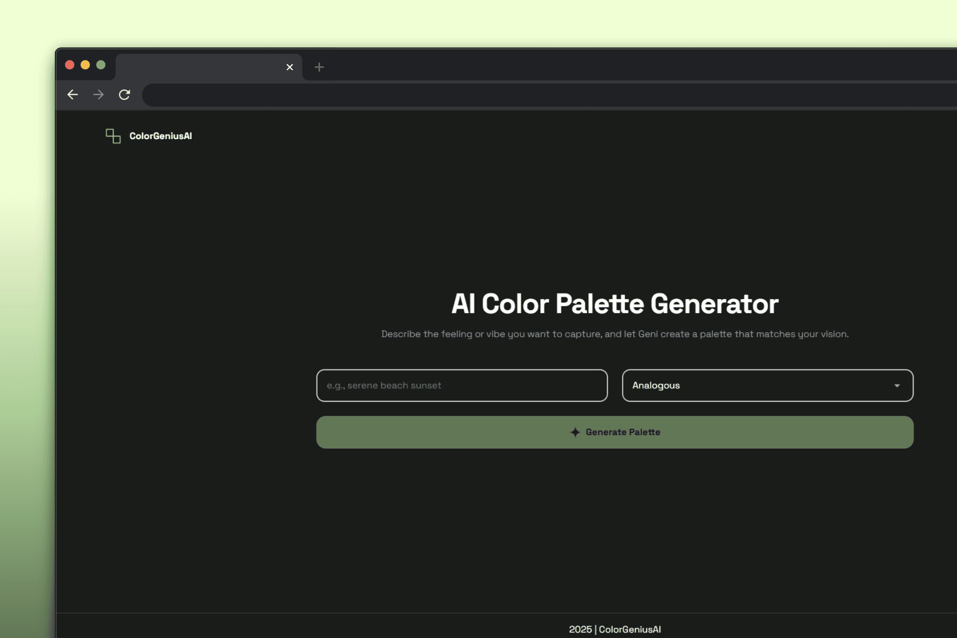Color Genius AI palette generator interface in a browser window